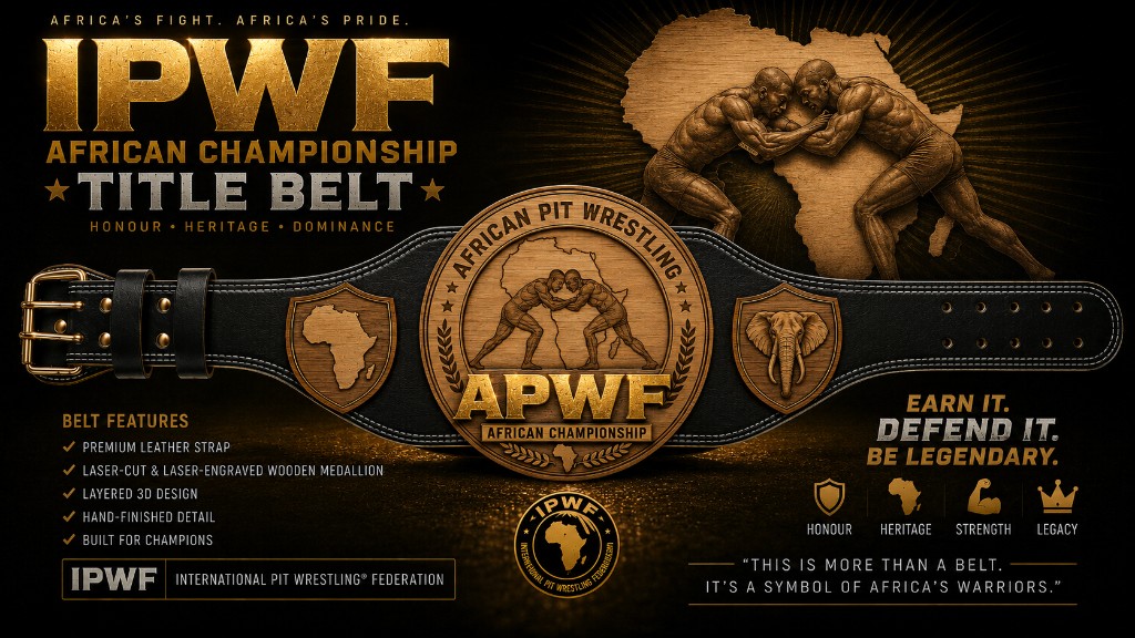 The IPWF African Championship Title Belt — premium leather strap with laser-engraved wooden APWF medallion, Africa and elephant side plates