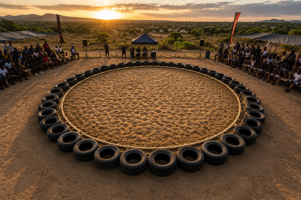 A Fit Pit® training center at sunset — a tyre-and-rope Isibaya® ringed by athletes and coaches for training and development