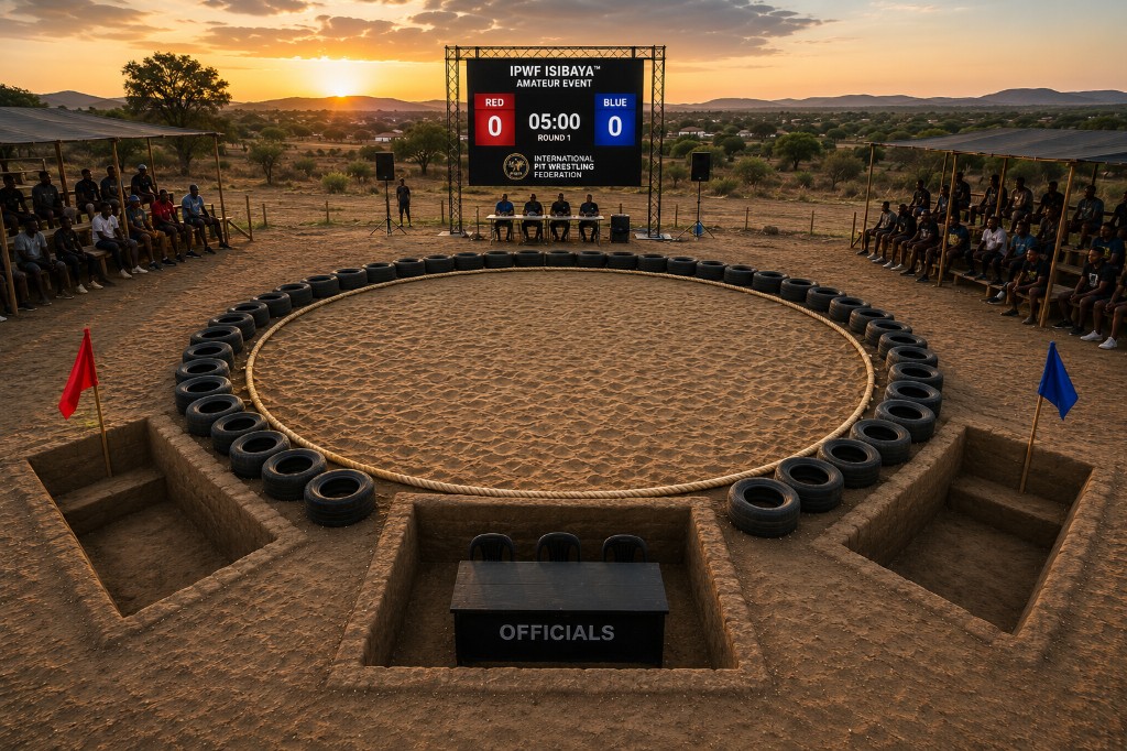 An amateur IPWF Isibaya® event at sunset with scoreboard, red and blue corner bunkers, officials' bunker, and a seated community crowd