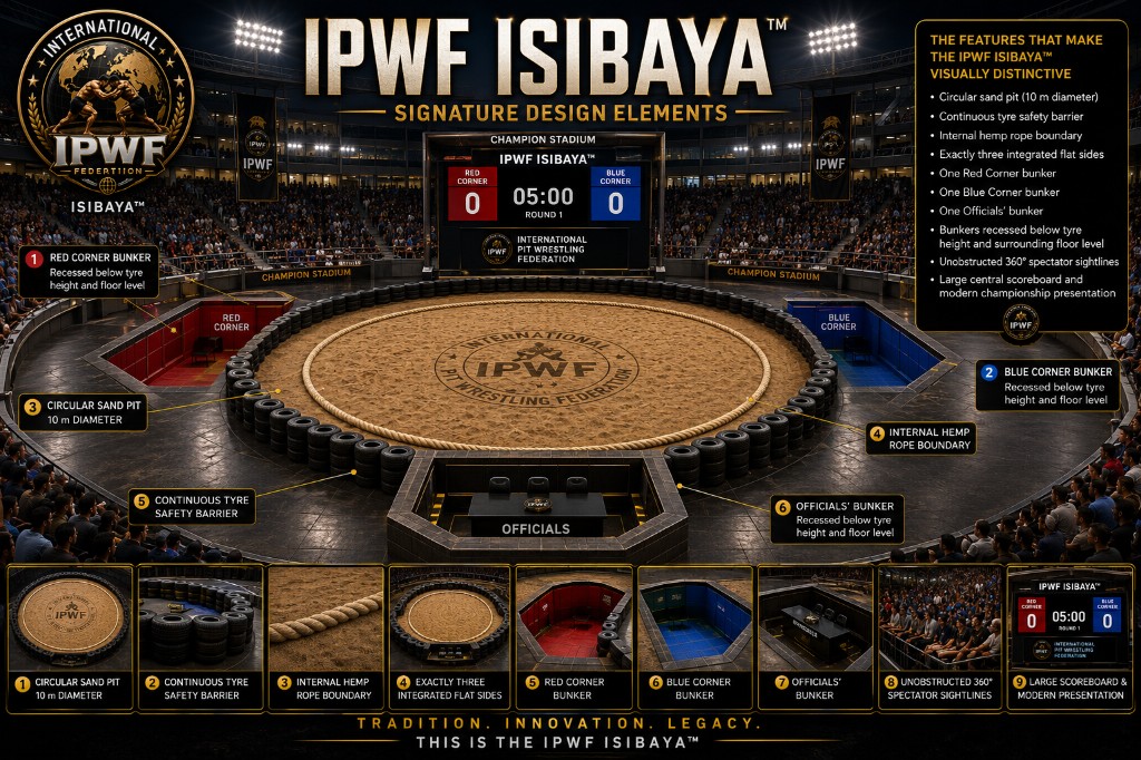 Annotated diagram of the IPWF Isibaya® championship stadium setup showing the circular sand pit, tyre barrier, hemp rope boundary, Red and Blue corner bunkers, Officials' bunker, and 360° spectator sightlines