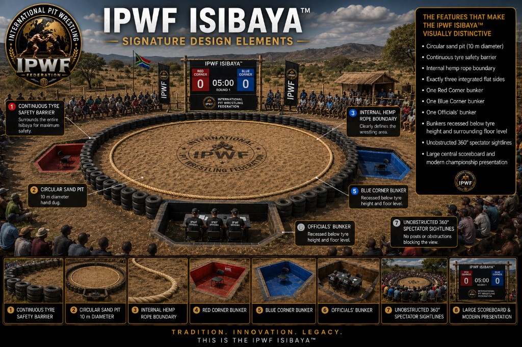 Annotated diagram of a professional outdoor IPWF Isibaya® with scoreboard, officials, corner bunkers, and seated spectators at a sanctioned event